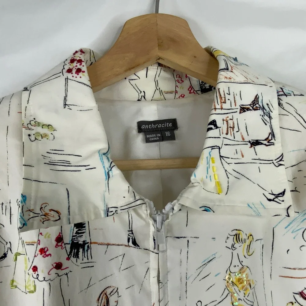Anthracite Women White City Sketch Print Sequin Zip Up Jacket Blazer Size 16